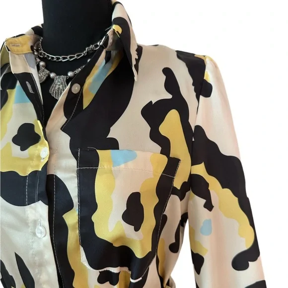 SHEIN ~ Stylish Collared Long Sleeve Belted Abstract Print Dress size S - Picture 7 of 8